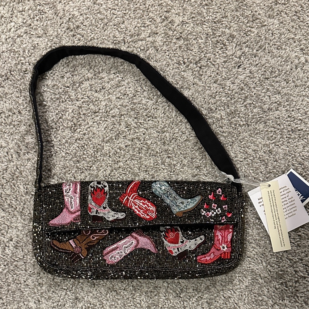 Embellished Black Shoulder Bag with Boot Design
